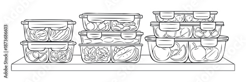 Outline drawing of stacked food prep containers on a shelf filled with fresh vegetables, fruits, and cooked meals, perfect for illustrating healthy eating habits and meal planning concepts.