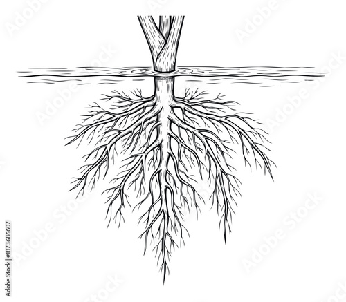 Monochromatic line depiction of a plants stem emerging from water with its extensive root structure beneath, perfect for biology textbooks, environmental studies, and ecological graphics.