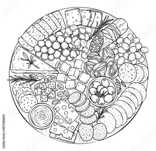 A delightful round charcuterie board filled with an inviting variety of gourmet cheeses, fresh grapes, savory olives, crispy crackers, and cured meats, ideal for foodrelated content and