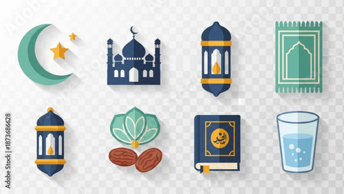 Ramadan kareem islamic symbols collection with crescent moon mosque lanterns prayer mat
