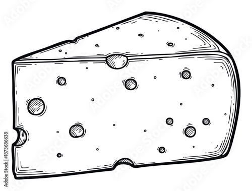 Handdrawn black and white wedge of delicious dairy cheese with classic holes, perfect for food packaging, recipe books, kitchen decor, and food related projects.
