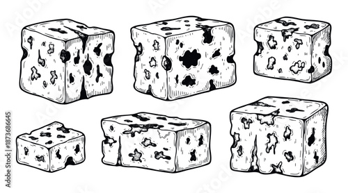 Hand drawn style gourmet blue cheese blocks perfect for food packaging, recipe book designs, culinary blogs, or restaurant menus needing an authentic ingredient visual