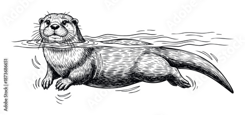 Adorable otter swimming gracefully in water, captured in a monochrome drawing, perfect for wildlife education, nature publications, or aquatic animal branding campaigns.