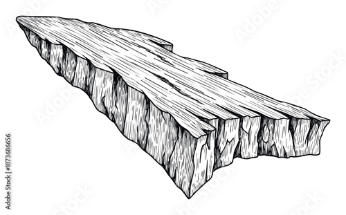 Rugged rock formation with sharp edges and textured surfaces depicted in a striking graphic style, ideal for geological studies, environmental awareness, or natural landscape themed