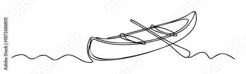 Minimalist continuous line drawing of a canoe with a paddle on gentle water waves, perfect for travel promotions, outdoor adventure websites, or nature themed projects.