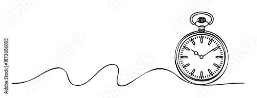 Elegant one line drawing depicting a vintage pocket watch linked to a continuous wavy stroke, ideal for illustrating concepts of past, present, and future or continuous flow.