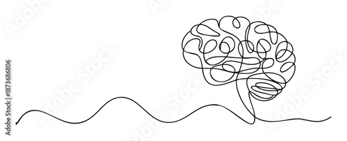 Minimalist black line drawing of a stylized human brain with a continuous wavy line symbolizing complex thought processes and creativity, perfect for neuroscience and mental health