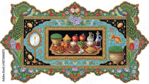Vibrant still life painting of food and drinks in ornate gold frame surrounded by floral