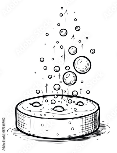 Dynamic monochrome drawing depicting a round object fizzing and generating numerous ascending bubbles, perfect for illustrating chemical reactions, refreshing drinks, or powerful cleaning