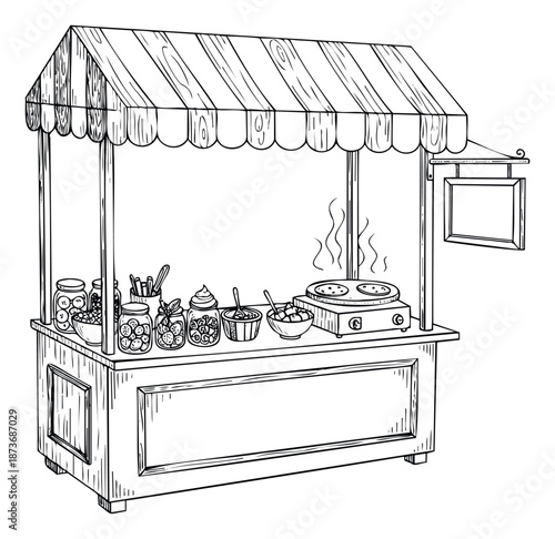 Detailed sketch of a charming wooden market food stall with a striped awning offering various treats and hot food items ideal for culinary event promotions or food festival branding.
