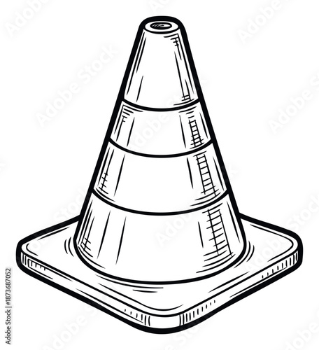 A detailed black and white hand drawn sketch of a traffic cone, perfect for depicting road safety, construction warnings, or directional indicators in graphic projects and educational