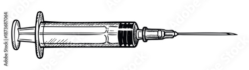 Hand drawn medical syringe with needle, essential for depicting healthcare, vaccination, and therapeutic concepts in educational materials or professional medical publications
