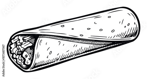 Handdrawn sketch of a delicious wrapped burrito showing savory filling, perfect for restaurant menus, food packaging, or culinary themed marketing materials.