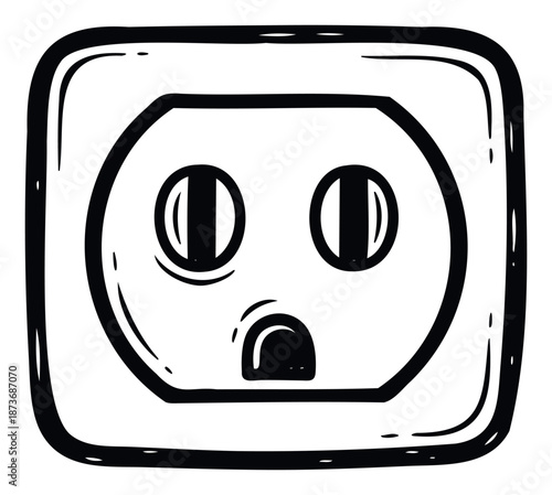 Simple handdrawn black outline electrical wall socket doodle for power supply concepts, energy usage themes, or utility service graphics