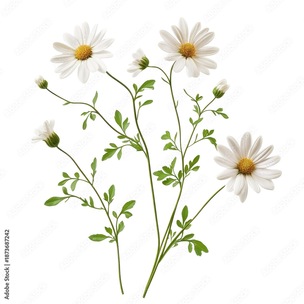 Fototapeta premium Detailed View of White Daisies with Yellow Centers and Green Stems Against Transparent Background
