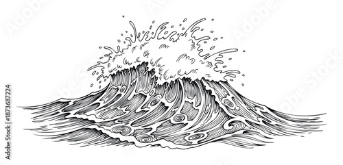 Dynamic ocean waves crashing and splashing in a powerful stylized traditional drawing, perfect for a vintage graphic, apparel print, or nautical themed wall decoration.