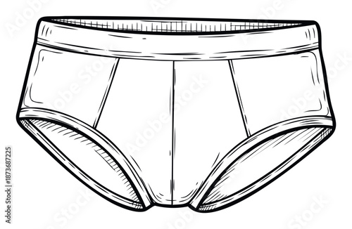 Stylish hand drawn black and white outline sketch of classic mens briefs, ideal for apparel graphics, textile design, clothing diagrams, or fashion related projects.