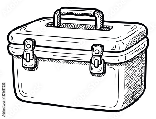 Hand drawn sketch of a portable cooler box or utility storage container with a handle and latches, perfect for camping supplies, tools, and outdoor activity applications.