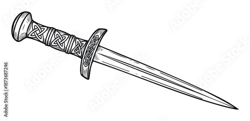 Vintage style hand drawn ancient dagger featuring intricate Celtic knot patterns on its hilt and guard, ideal for historical, fantasy, and medieval themed graphic design projects or