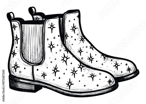 Hand drawn footwear depicting contemporary Chelsea boots adorned with unique star accents provides stylish visuals for apparel promotions and clothing lookbooks.