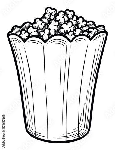 A classic black and white hand drawn sketch of a full bucket of popcorn ready for a movie night or snack time, perfect for cinema promotions, food packaging, or entertainment event branding.