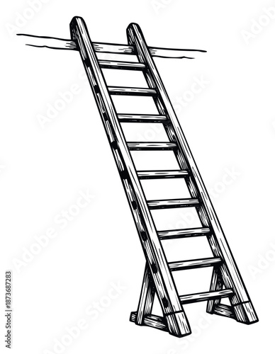Detailed hand drawn black and white rustic wooden ladder standing upright providing a path to success or symbolizing reaching new heights suitable for construction industry publications or