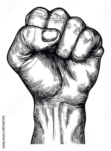 Strong clenched fist illustration in a bold woodcut style, perfect for representing power, protest, revolution, determination, and unity in graphic design and social commentary applications.