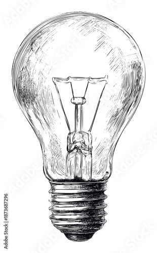 A detailed black and white hand drawn lightbulb illustration representing a concept of brilliant innovation, bright invention, or illuminating solution for technology and educational