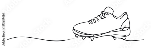 A continuous single line drawing depicts a sporting footwear like a soccer cleat, symbolizing athleticism and movement, ideal for athletic marketing campaigns or sportsthemed branding.