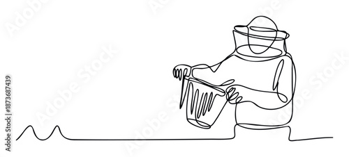 Single continuous line drawing depicting a beekeeper in a full protective suit operating a smoker, suitable for apiary marketing, organic honey product labels, and farming education