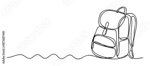 Minimalist continuous line drawing of a backpack, perfect for creating simple and modern graphics for travel agencies, educational institutions, or outdoor adventure promotions.