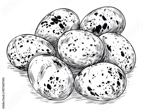 Black and white handdrawn speckled eggs representing natural organic farm produce ideal for culinary projects, educational content, or traditional kitchen themes