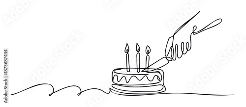Continuous line drawing of a festive birthday cake with three lit candles being cut by a hand holding a knife, perfect for celebratory events and special occasion graphics