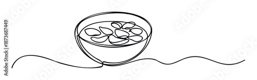 Minimalist continuous line drawing of a comforting hot soup bowl with delicious ingredients perfect for culinary blog graphics or foodrelated promotional materials