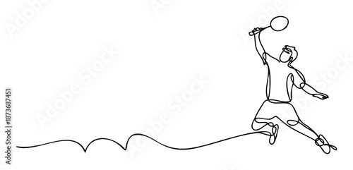 Continuous line drawing of a dynamic badminton player jumping for a powerful smash shot, perfect for sport event promotions and athletic fitness graphics.