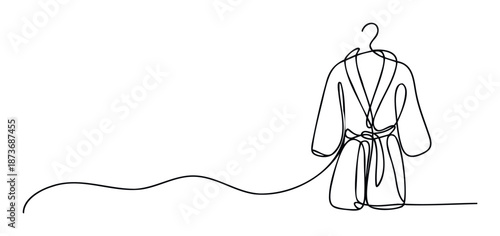 A continuous line drawing of a soft bathrobe hanging on a clothes hanger, perfect for spa, wellness, hospitality, or relaxation themed promotions and advertisements.