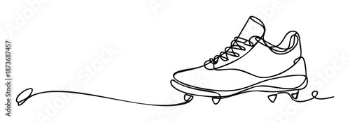 Dynamic continuous line drawing of a baseball or soccer cleat, perfect for athletic apparel branding, sports event promotions, or health and fitness marketing campaigns.
