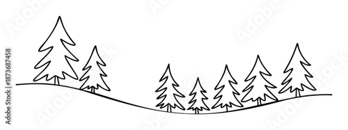 Simple line outline depiction of abstract evergreen fir trees on a wavy ground line creating a minimalist winter forest landscape suitable for holiday season greeting cards or wilderness