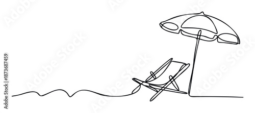 Minimalist continuous line drawing depicting a serene beach landscape with an umbrella and a relaxing lounge chair, ideal for vacation planning, summer marketing, and travel promotions.