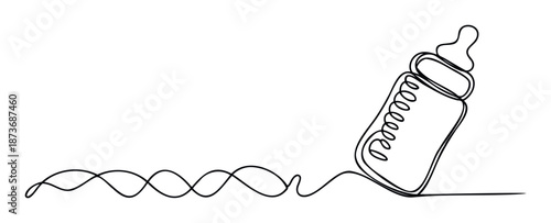 A minimalist continuous line drawing depicting a baby bottle with a flowing wavy line, perfect for symbolizing new life, growth, and parenting in educational content or maternity