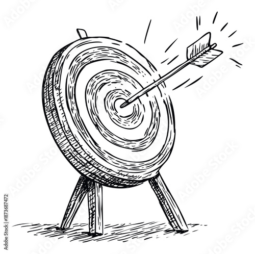 A precisely aimed arrow hitting the center bullseye of a round target board, representing successful goal achievement and business strategy accomplishment for marketing and educational