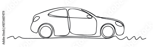 A continuous single line drawing depicts a modern compact car in side profile with wavy lines representing motion, perfect for transportation related marketing and vehicle service