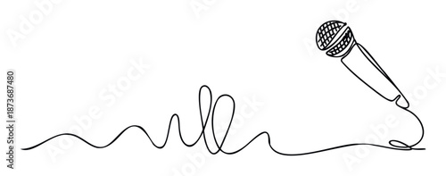 Continuous line drawing of a dynamic microphone with a wavy abstract cord perfect for music events, podcast branding, vocal performance promotions, or standup comedy advertisements