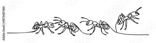 A continuous single line drawing depicts a colony of marching ants illustrating teamwork, community, and perseverance, suitable for educational materials, nature themes, or minimalist