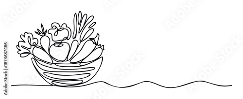 Continuous line drawing of fresh vegetables in a bowl representing healthy eating and sustainable food, ideal for cooking blogs and nutritional product promotions.