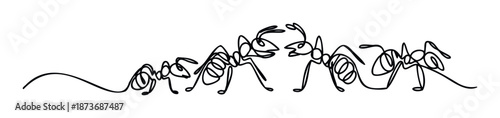 A continuous line drawing features a group of ants interacting, symbolizing teamwork, communication, and cooperation for business, educational, and nature related graphic applications.