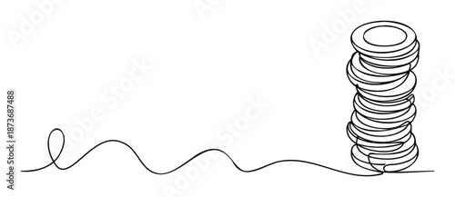 Smooth flowing single line transforming into a high tower of circular shapes representing steady accumulation and upward trajectory for use in investment articles and growth charts