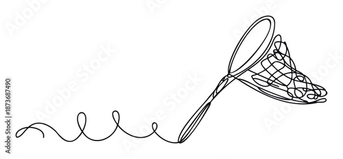 A continuous line drawing of a butterfly net represents the concept of catching ideas or aspirations, suitable for educational materials, childrens book illustrations, or digital marketing