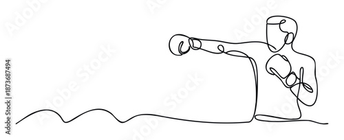 Dynamic continuous line drawing of a person wearing boxing gloves and throwing a powerful punch, ideal for sports marketing, fitness campaigns, and active athletic themed content.