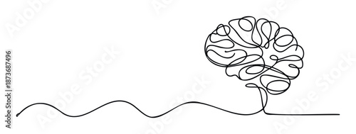 Minimalist black line drawing forming a human brain shape with a continuous wavy line connecting it, symbolizing thought processes and mental connections perfect for neuroscience